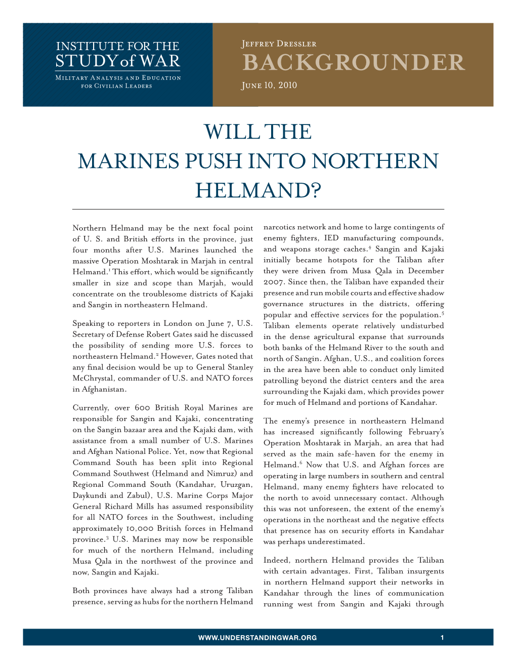 BACKGROUNDER Military a Nalysis Andeducation for Civilian Leaders June 10, 2010