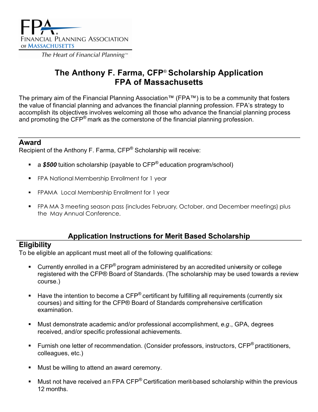 The Anthony F. Farma, CFP® Scholarship Application FPA of Massachusetts