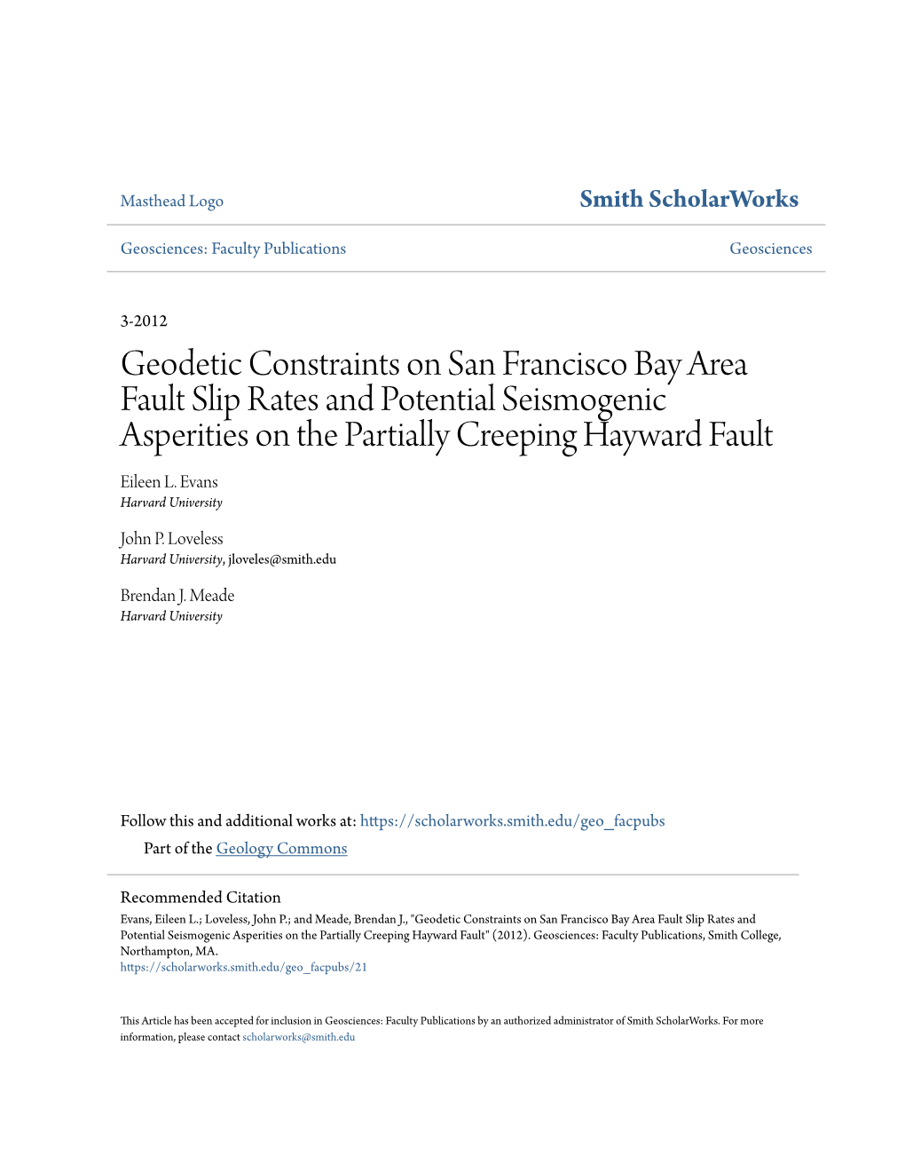 Geodetic Constraints on San Francisco Bay Area Fault Slip Rates and Potential Seismogenic Asperities on the Partially Creeping Hayward Fault Eileen L