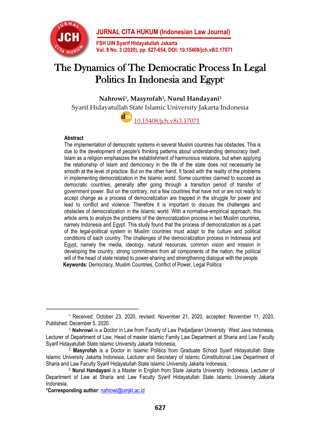 The Dynamics of the Democratic Process in Legal Politics in Indonesia and Egypt