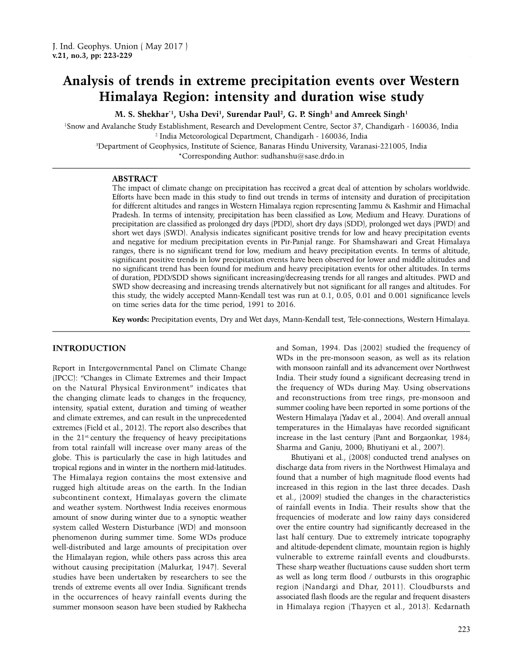 Analysis of Trends in Extreme Precipitation Events Over Western Himalaya Region: Intensity and Duration Wise Study M