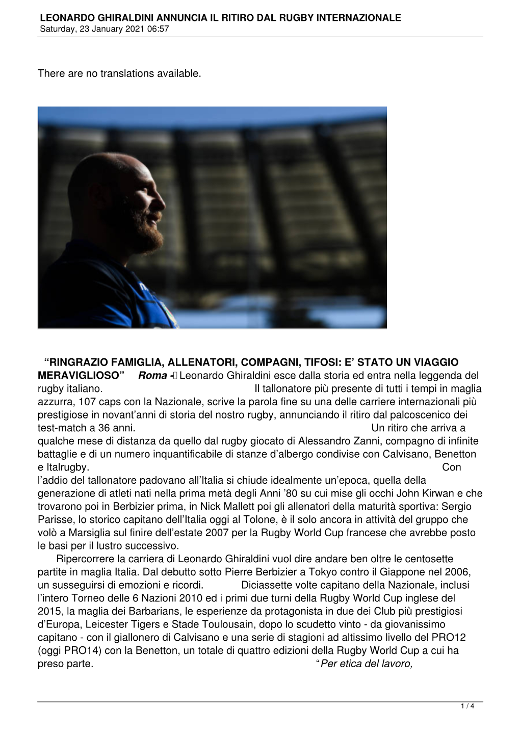 LEONARDO GHIRALDINI ANNUNCIA IL RITIRO DAL RUGBY INTERNAZIONALE Saturday, 23 January 2021 06:57