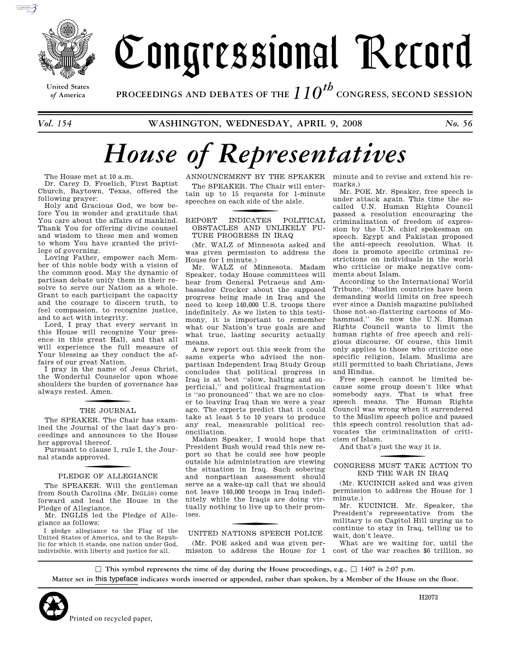 Congressional Record United States Th of America PROCEEDINGS and DEBATES of the 110 CONGRESS, SECOND SESSION