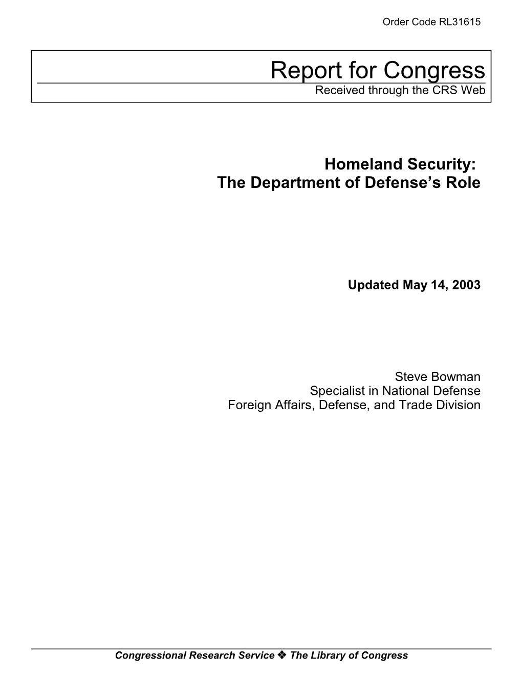 Homeland Security: the Department of Defense’S Role