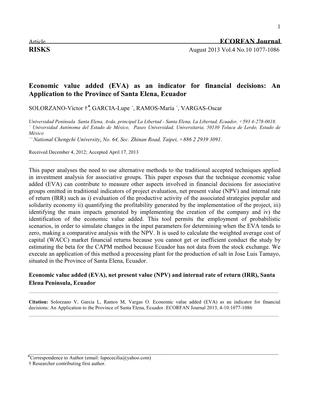 ECORFAN Journal RISKS Economic Value Added (EVA) As an Indicator