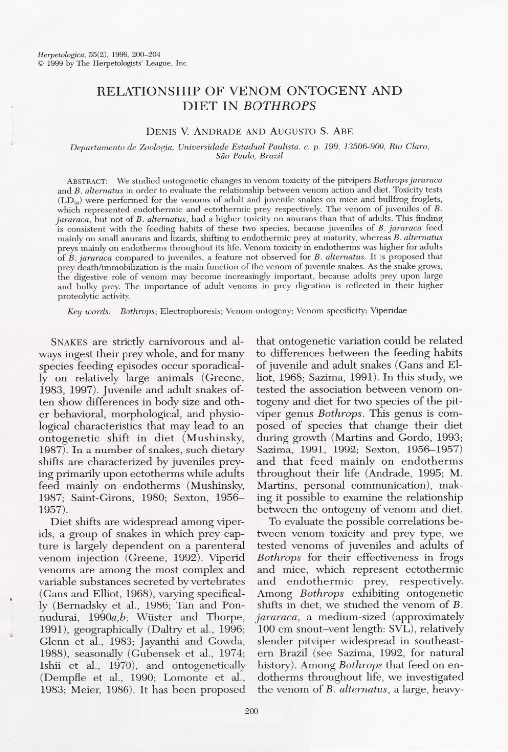 Relationship of Venom Ontogeny and Diet in Bothrops