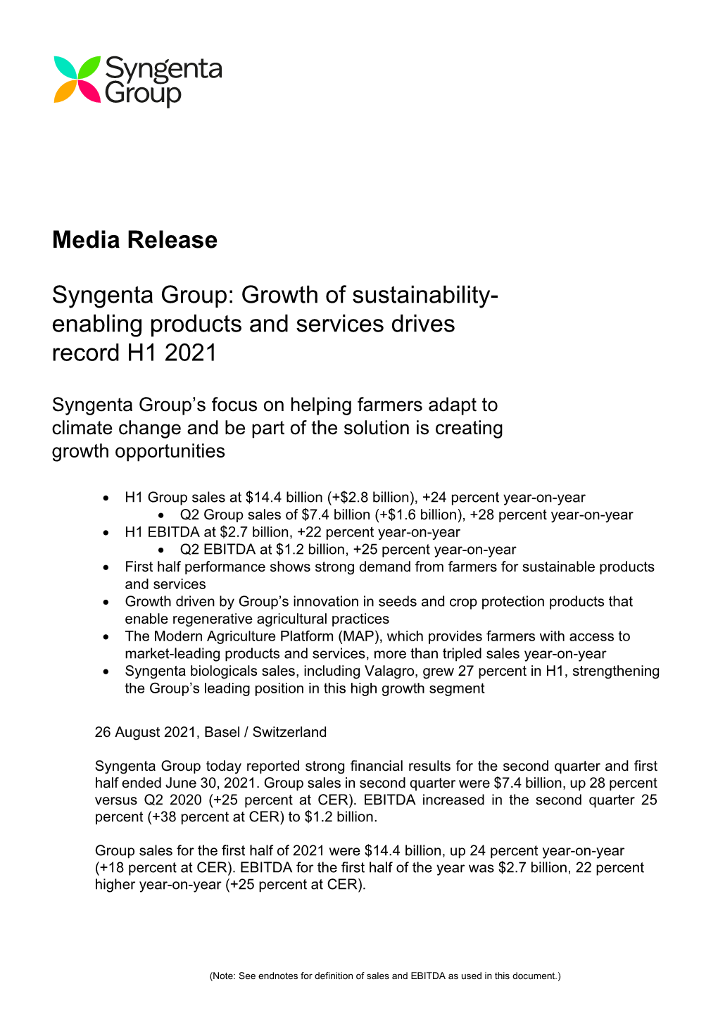 Media Release Syngenta Group: Growth of Sustainability- Enabling