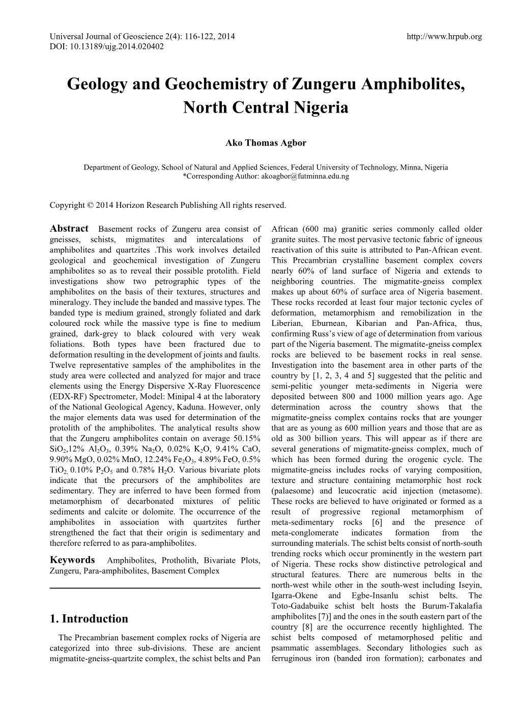 Geology and Geochemistry of Zungeru Amphibolites, North Central Nigeria