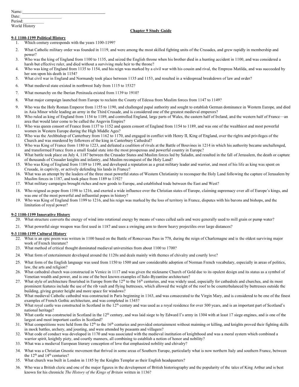 World History Chapter 9 Study Guide 9-1 1100-1199 Political History 1