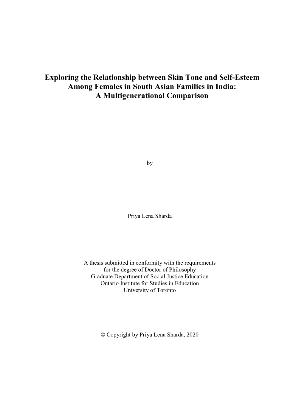 Exploring the Relationship Between Skin Tone and Self-Esteem Among Females in South Asian Families in India: a Multigenerational Comparison