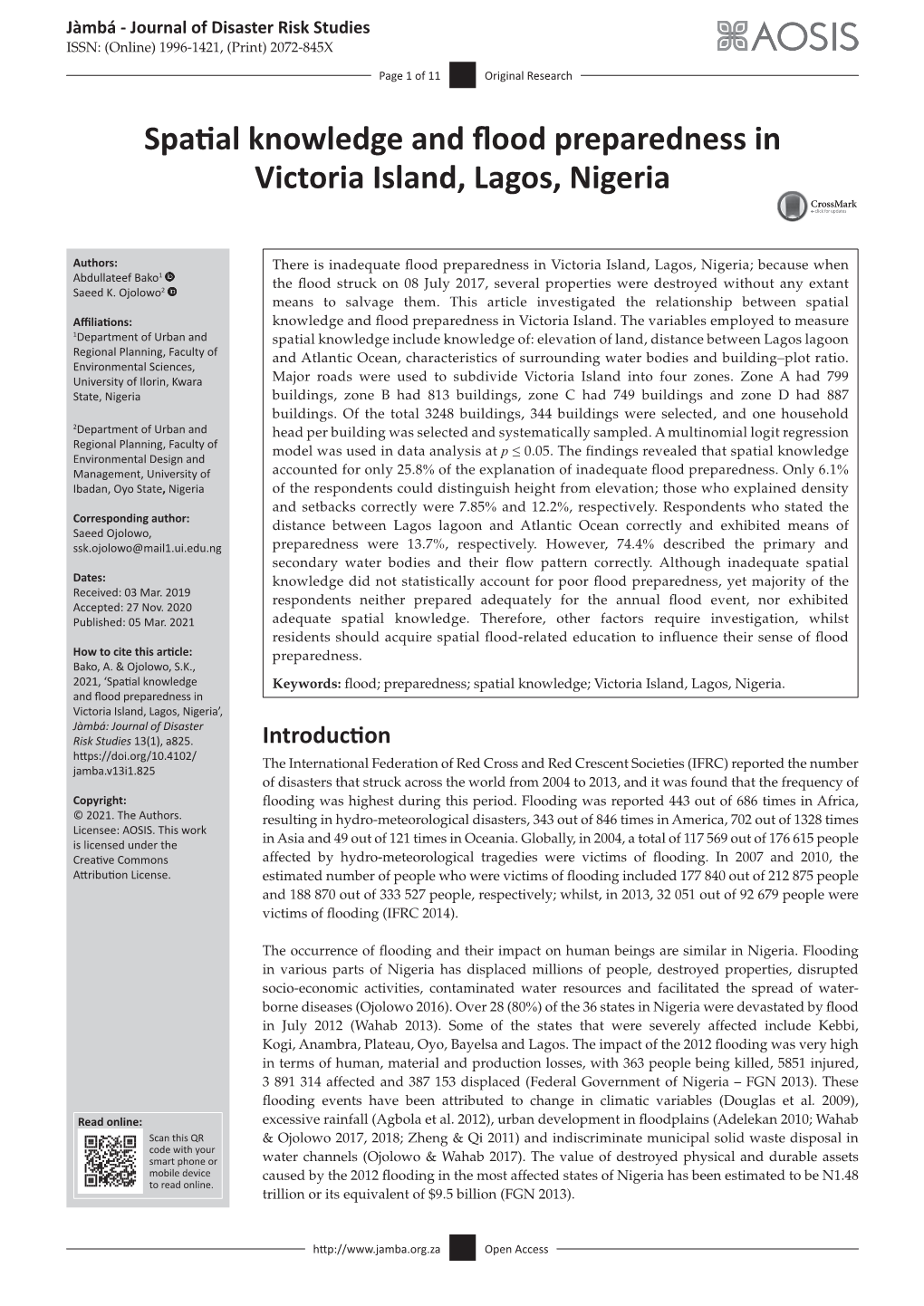 Spatial Knowledge and Flood Preparedness in Victoria Island, Lagos, Nigeria