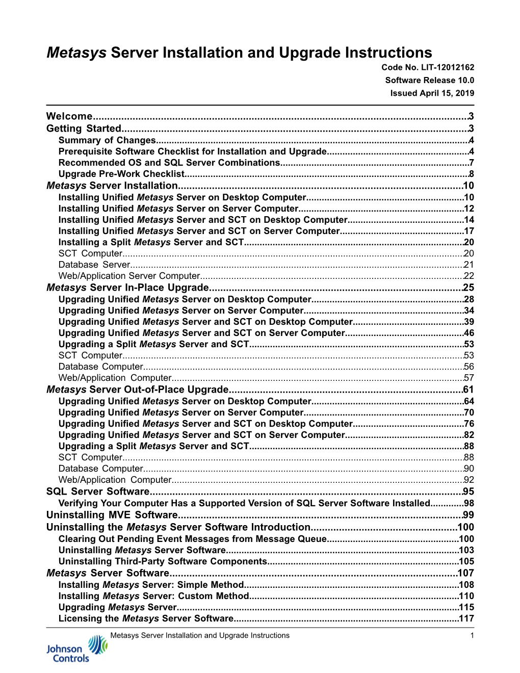 Metasys Server Installation and Upgrade Instructions Code No