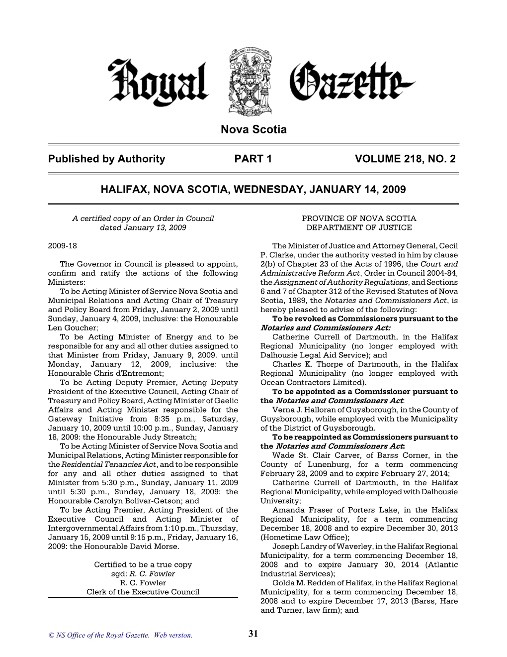 NS Royal Gazette Part I