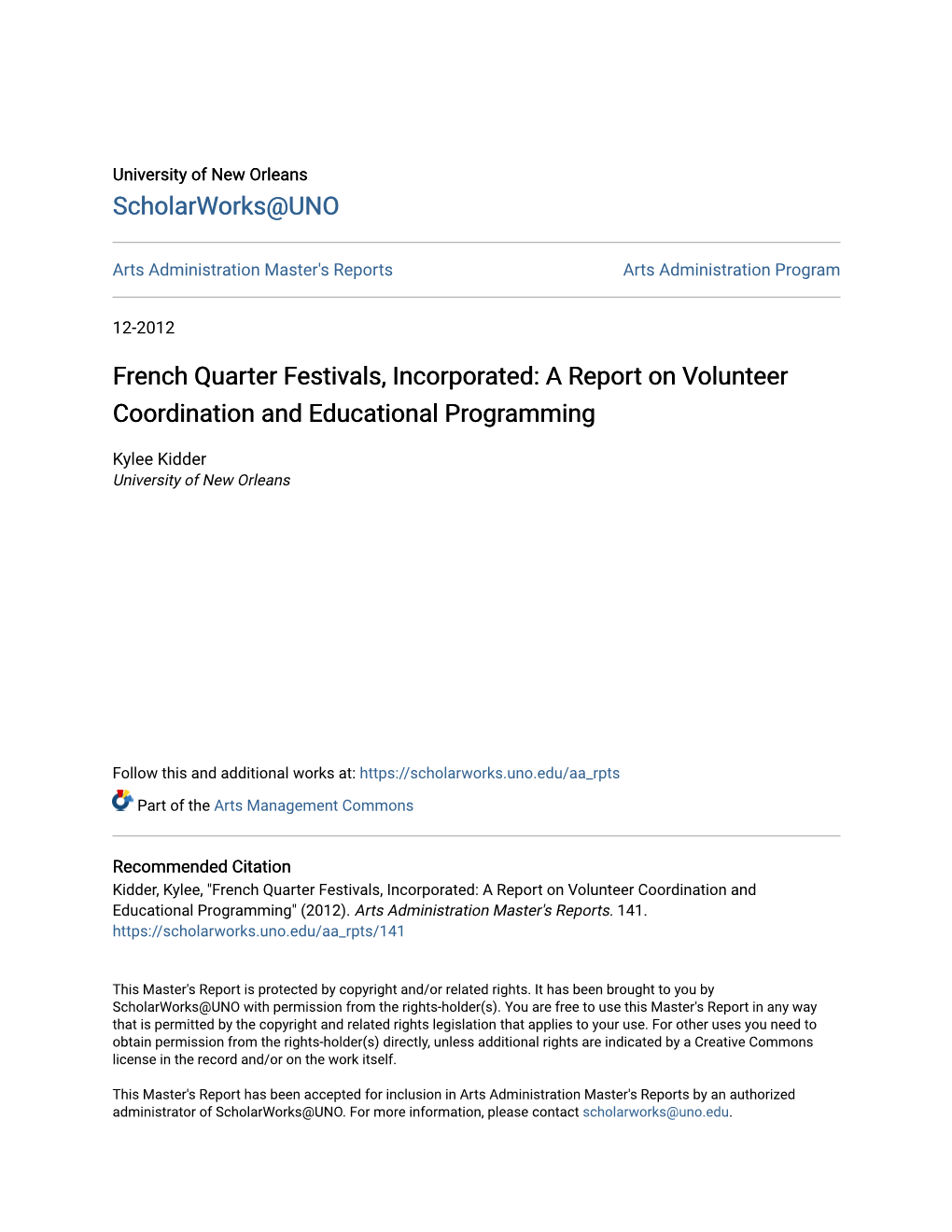 French Quarter Festivals, Incorporated: a Report on Volunteer Coordination and Educational Programming