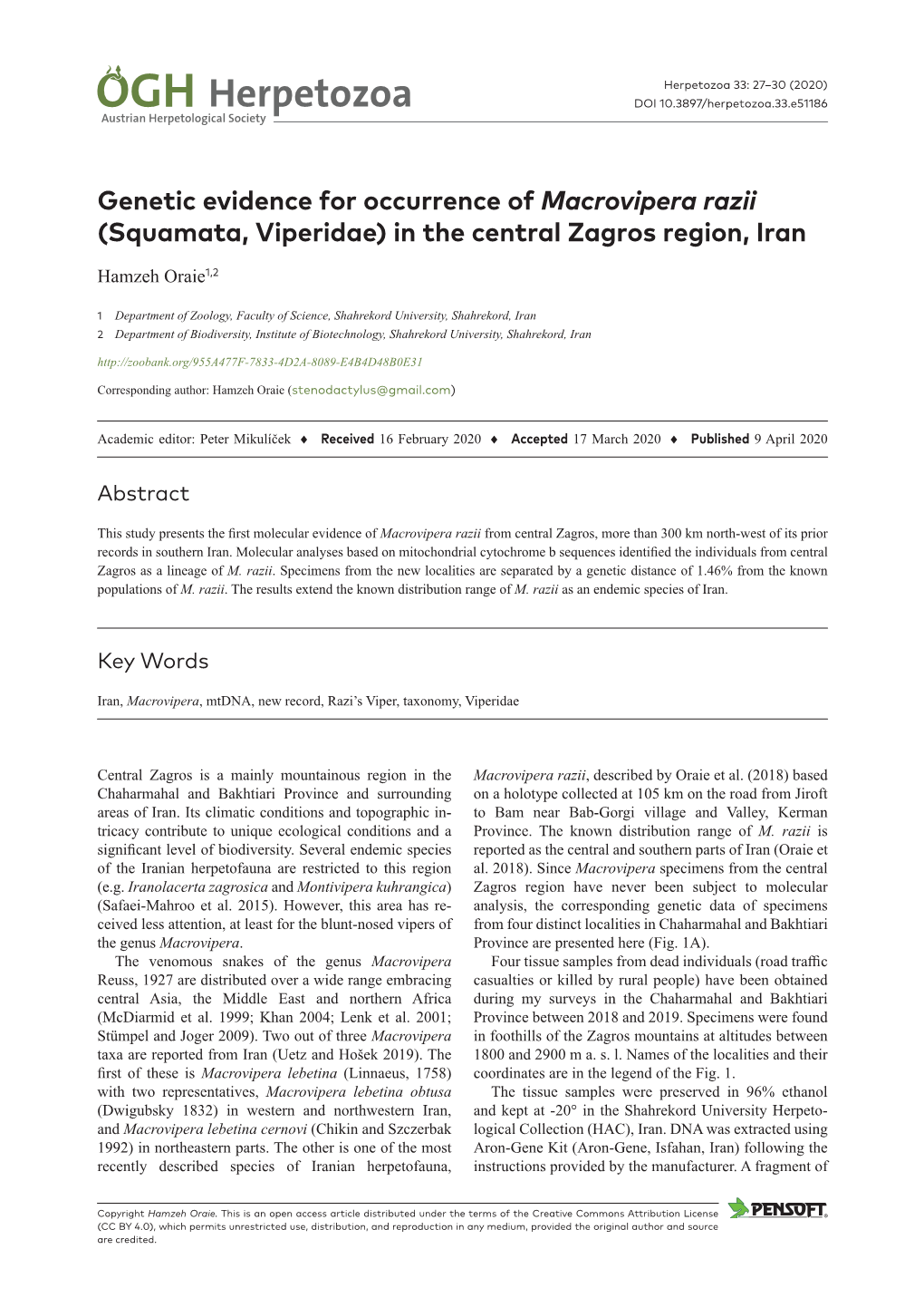 Genetic Evidence for Occurrence of Macrovipera Razii (Squamata, Viperidae) in the Central Zagros Region, Iran