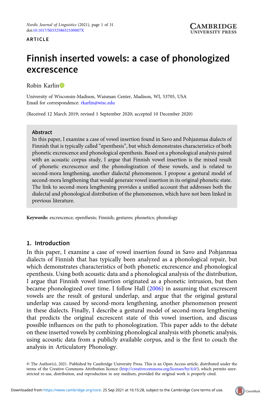 Finnish Inserted Vowels: a Case of Phonologized Excrescence