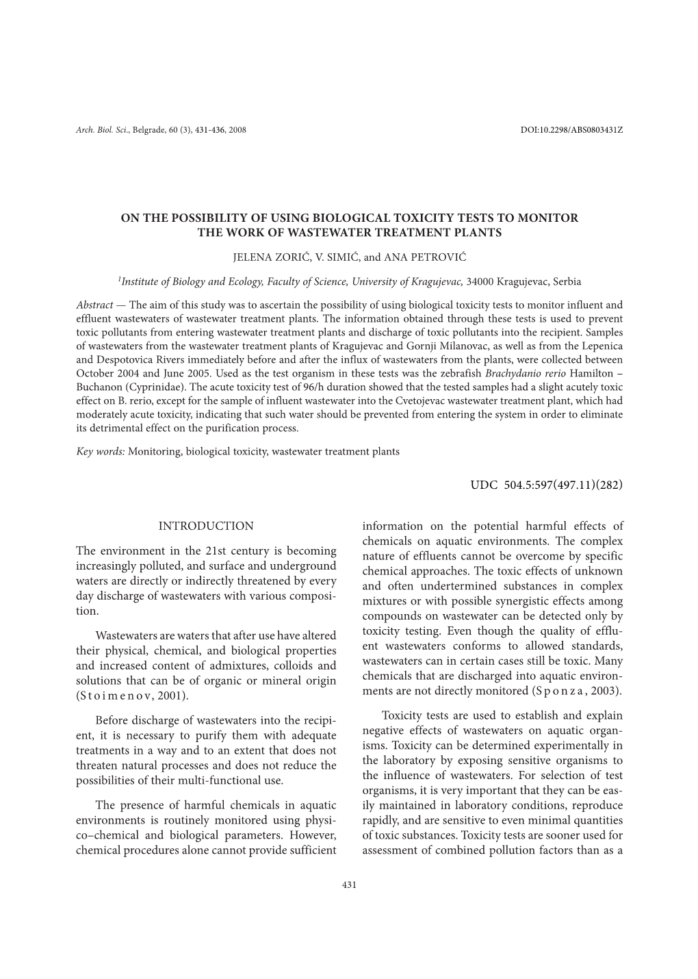 On the Possibility of Using Biological Toxicity Tests to Monitor the Work of Wastewater Treatment Plants