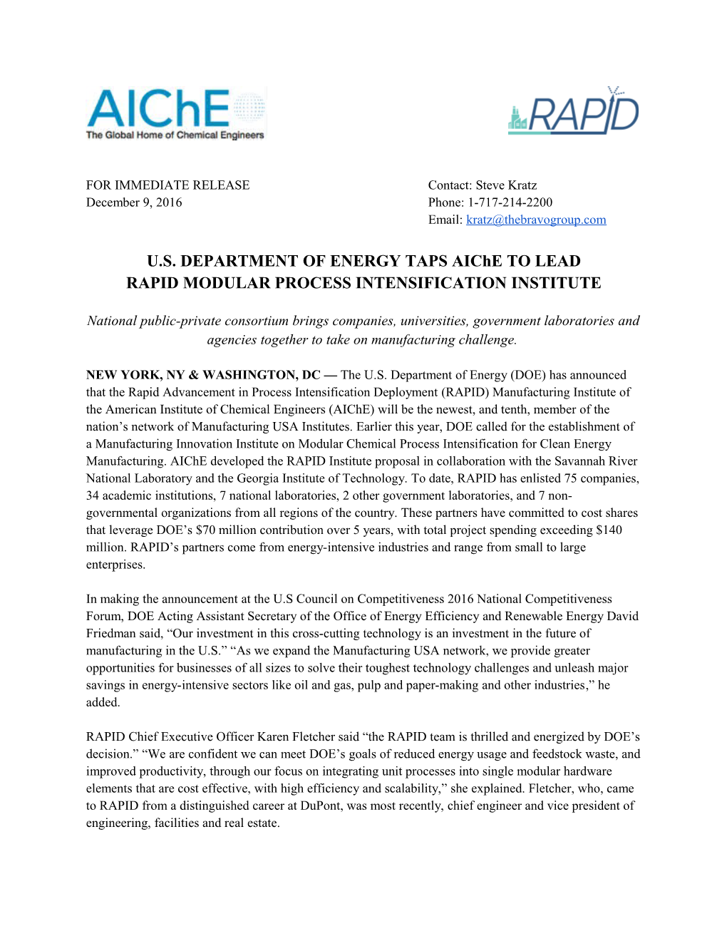 U.S. DEPARTMENT of ENERGY TAPS Aiche to LEAD
