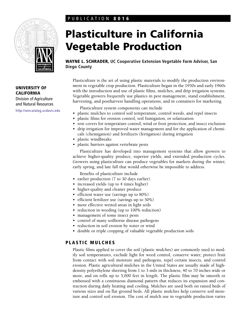 Plasticulture in California Vegetable Production