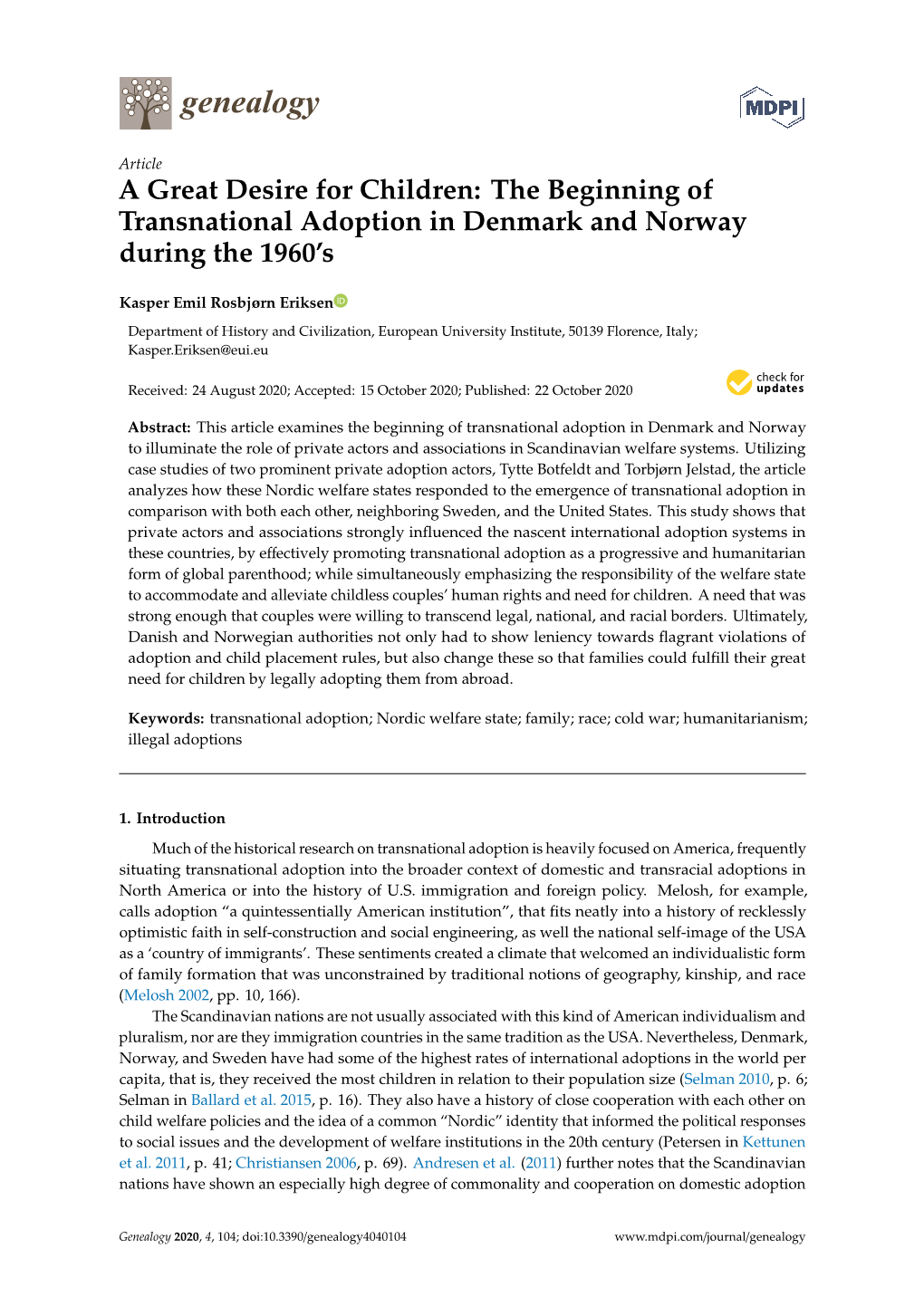 The Beginning of Transnational Adoption in Denmark and Norway During the 1960’S