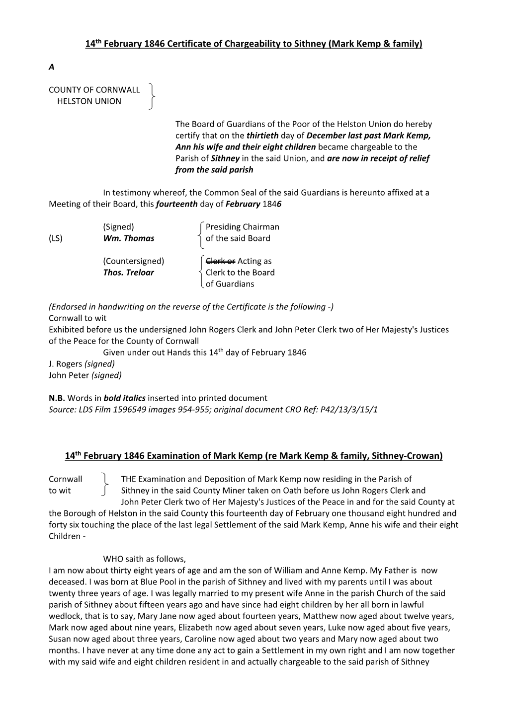 1846 Settlement Documents Crowan Sithney Mark Kemp & Family