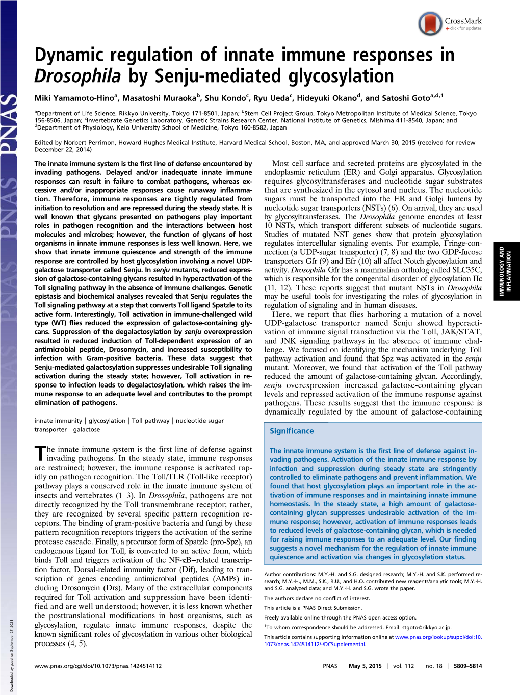 Dynamic Regulation of Innate Immune Responses in Drosophila by Senju-Mediated Glycosylation