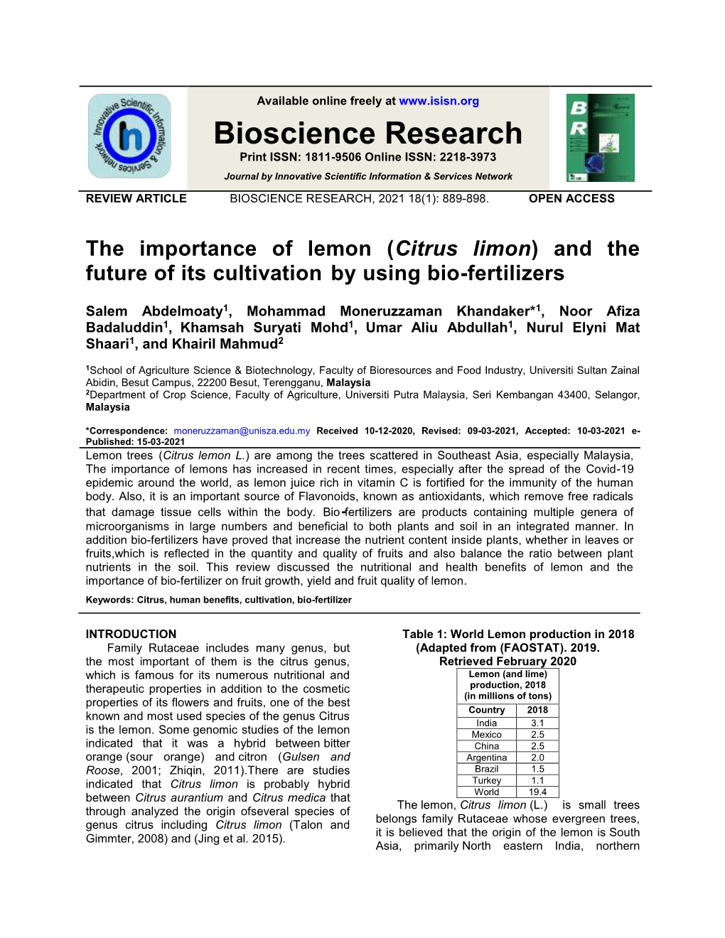 Citrus Limon) and the Future of Its Cultivation by Using Bio-Fertilizers