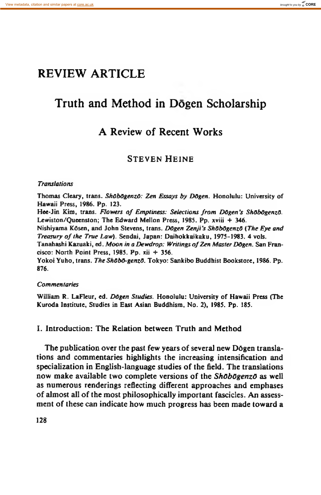 REVIEW ARTICLE Truth and Method in Dogen Scholarship