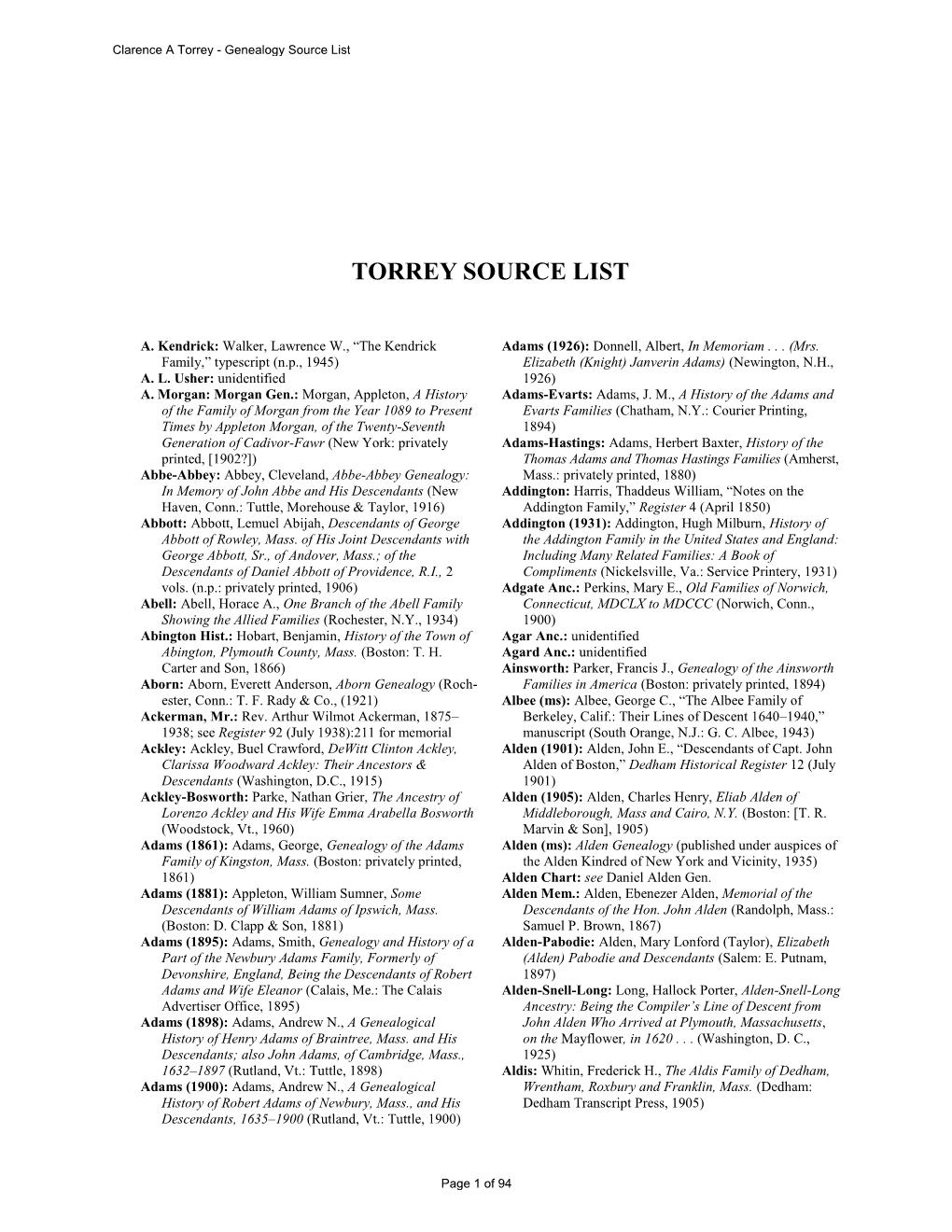 Torrey Source List