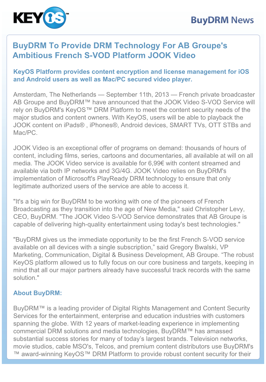 Buydrm to Provide DRM Technology for AB Groupe's Ambitious French S-VOD Platform JOOK Video