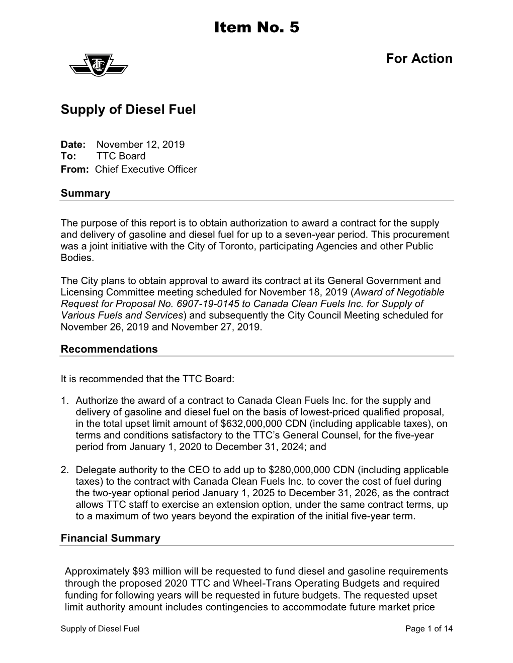 Supply of Diesel Fuel (For Action)