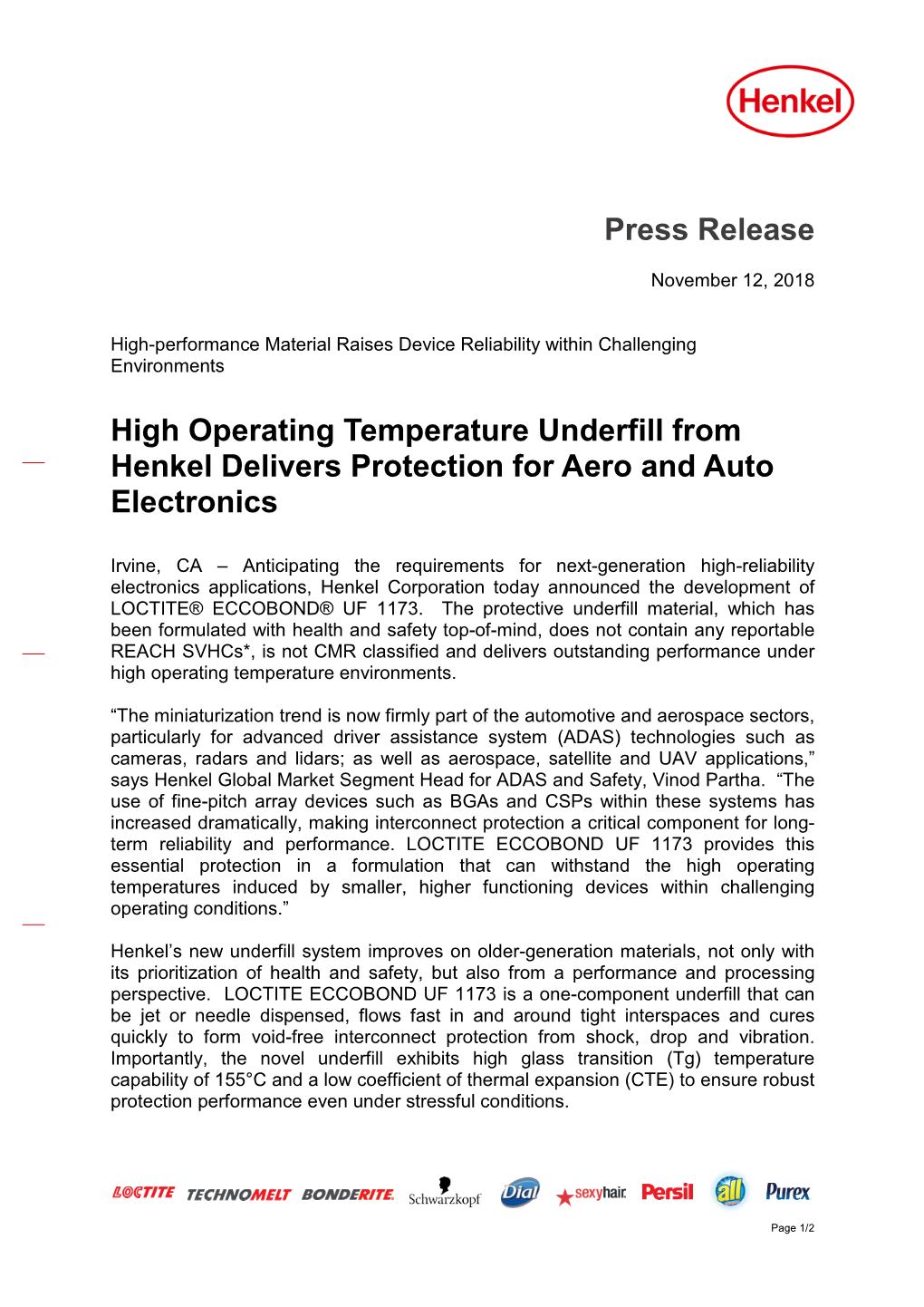 High Operating Temperature Underfill from Henkel Delivers Protection for Aero and Auto Electronics