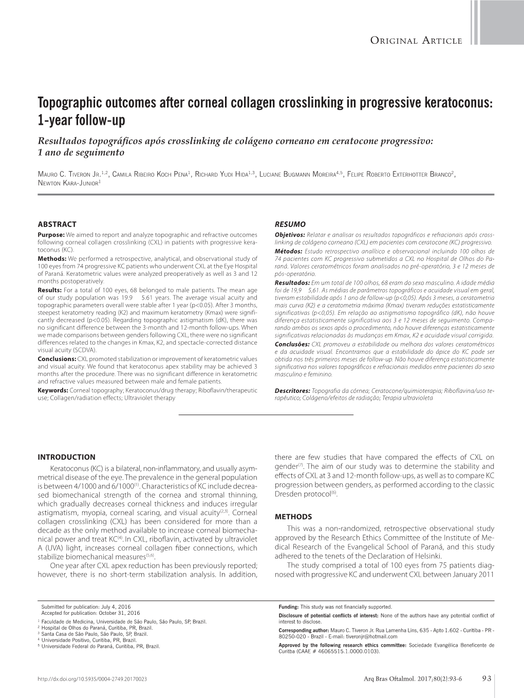 Topographic Outcomes After Corneal Collagen Crosslinking In