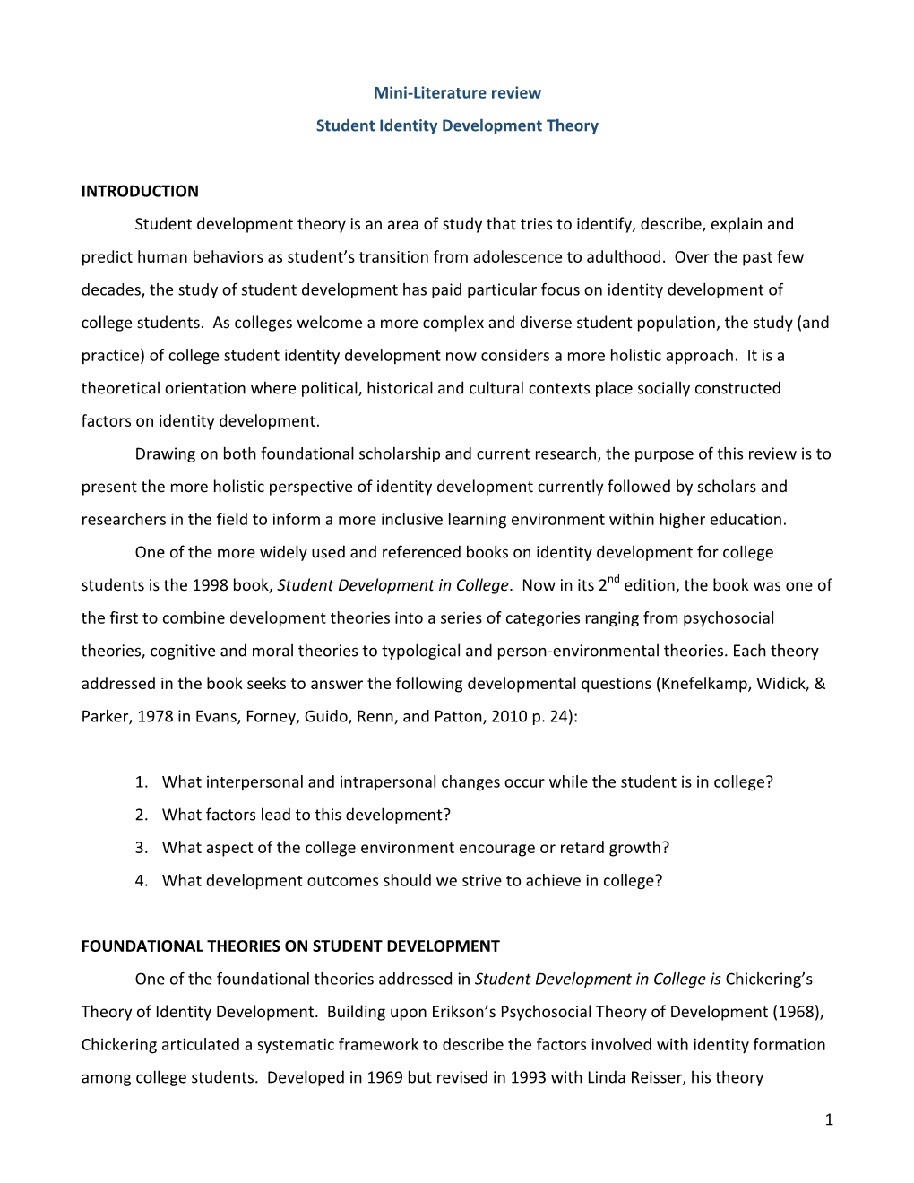 1 Mini-Literature Review Student Identity Development Theory