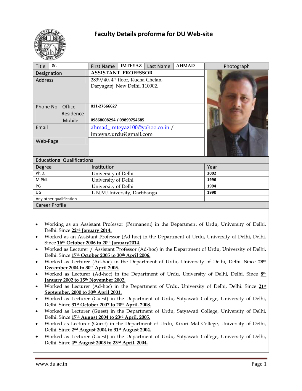 Faculty Details Proforma for DU Web-Site