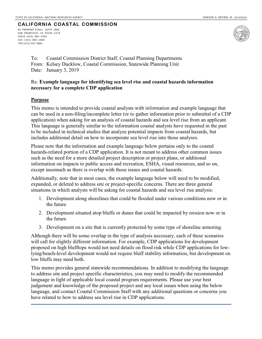 Example Language for Identifying Sea Level Rise and Coastal Hazards Information Necessary for a Complete CDP Application