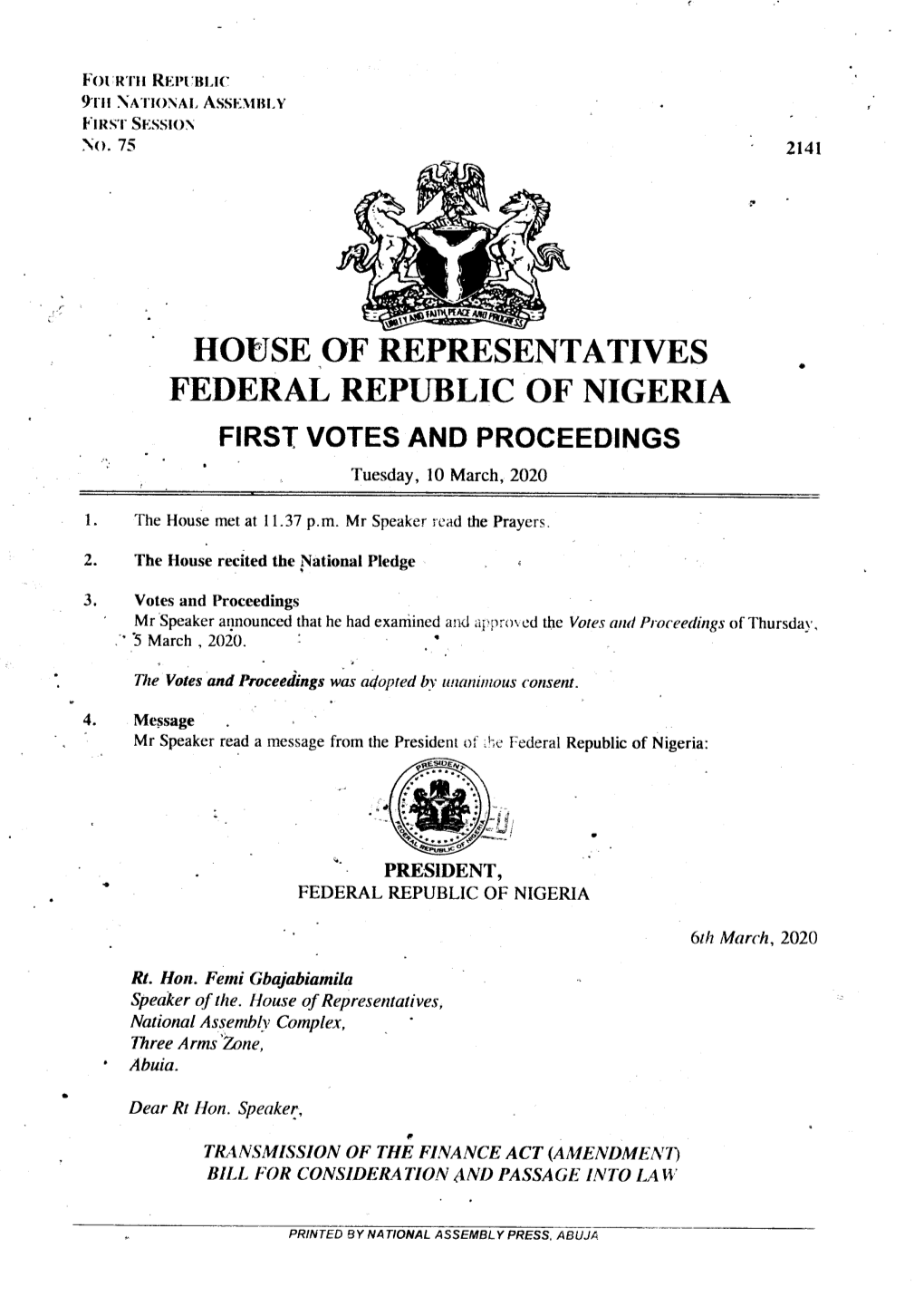 Hotjse of REPRESENTATIVES FEDERAL REPUBLIC of NIGERIA