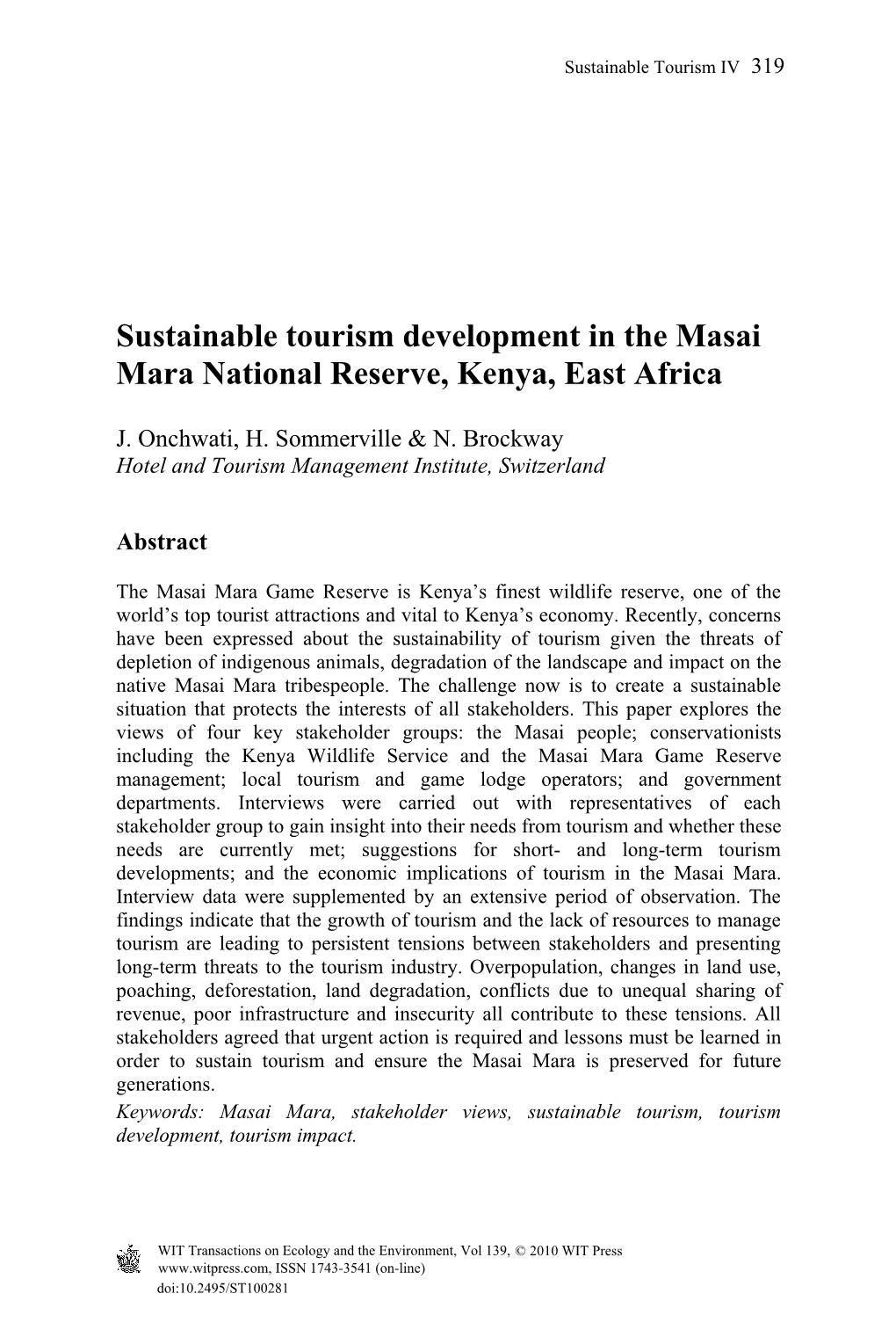 Sustainable Tourism Development in the Masai Mara National Reserve, Kenya, East Africa