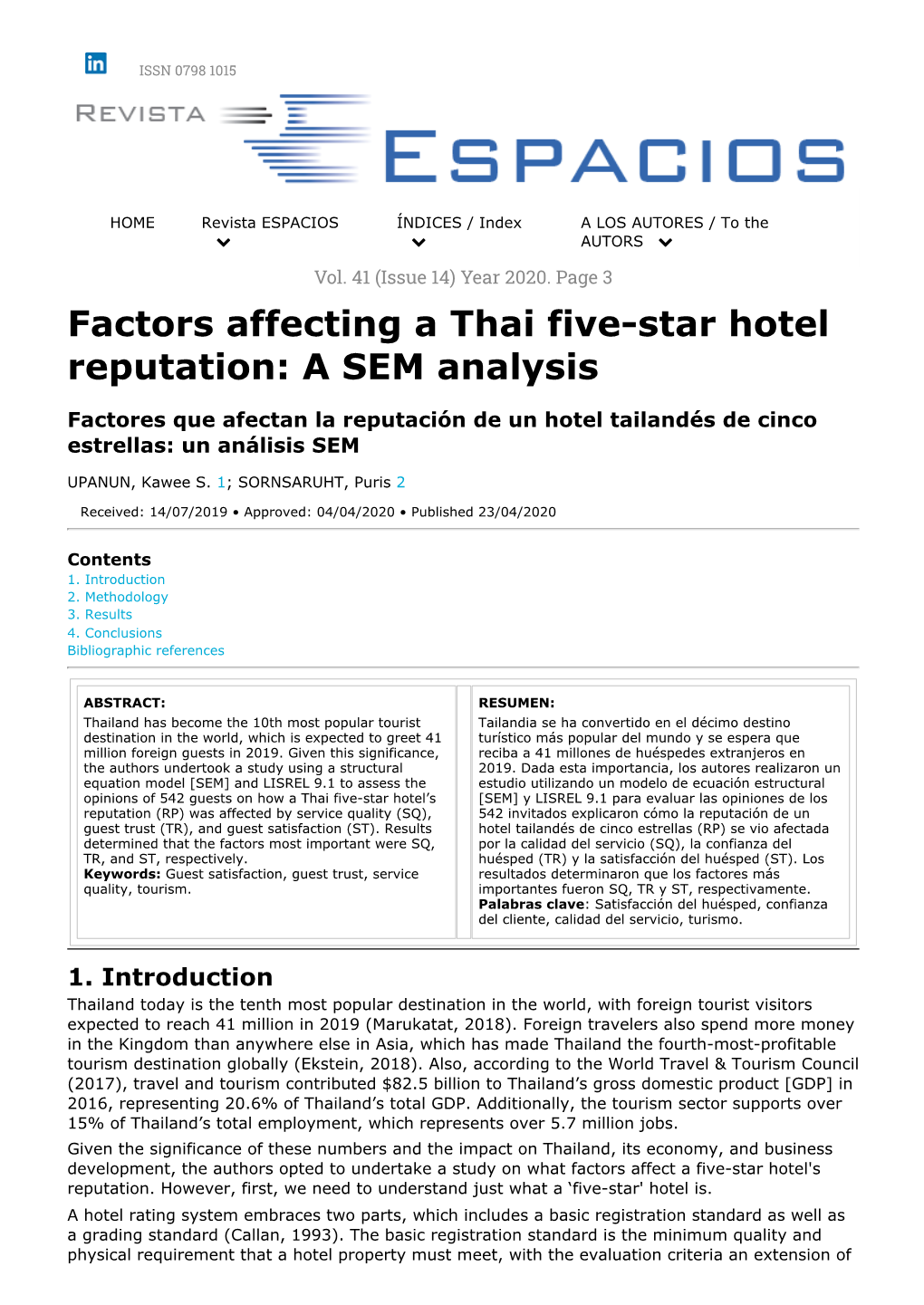 Factors Affecting a Thai Five-Star Hotel Reputation: a SEM Analysis
