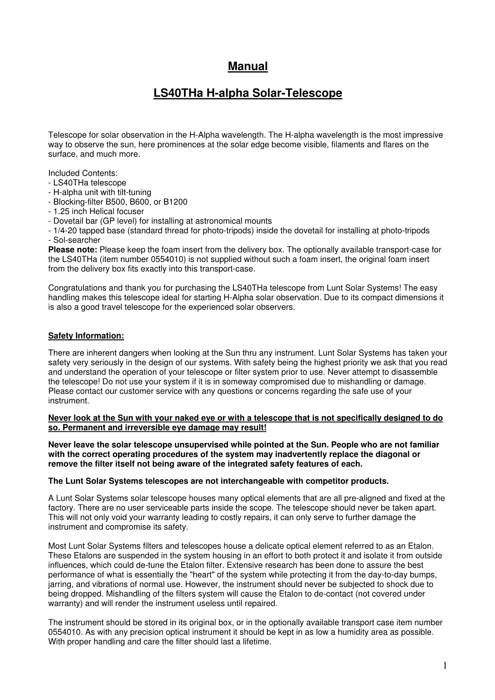 Manual Ls40tha H-Alpha Solar-Telescope