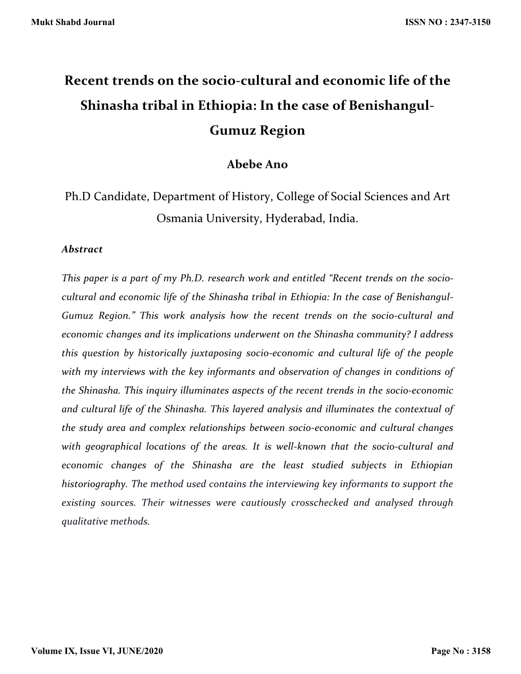 Recent Trends on the Socio-Cultural and Economic Life of the Shinasha Tribal in Ethiopia: in the Case of Benishangul