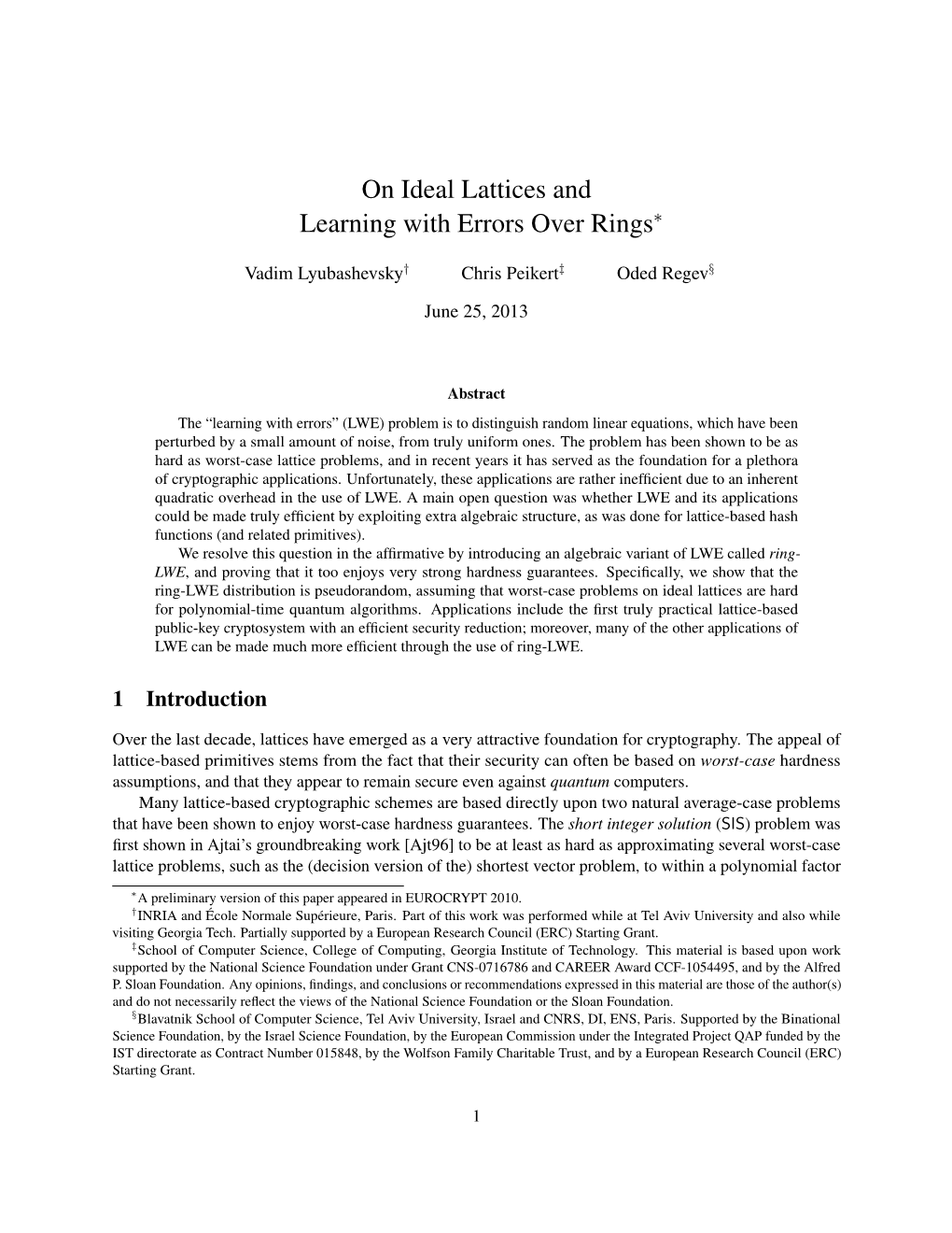 On Ideal Lattices and Learning with Errors Over Rings∗