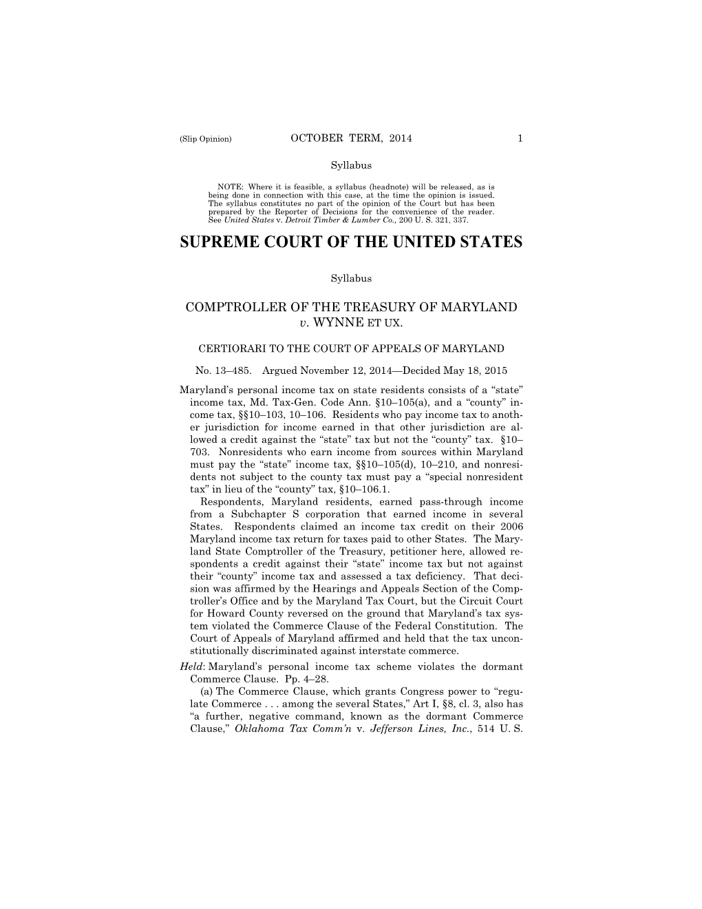 13-485 Comptroller of Treasury of MD. V. Wynne (05/18/2015)