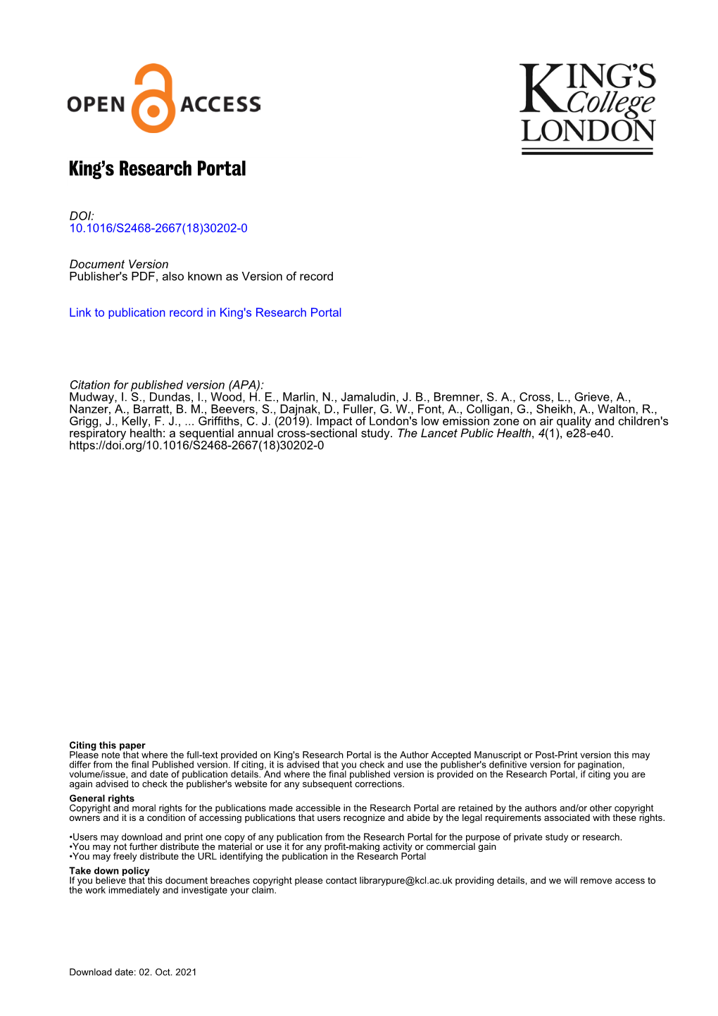 Impact of London's Low Emission Zone on Air Quality and Children's Respiratory Health: a Sequential Annual Cross-Sectional Study