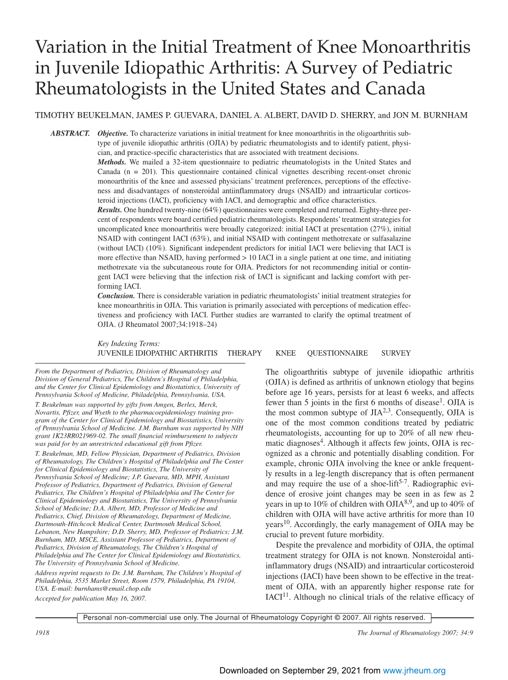 Variation in the Initial Treatment of Knee Monoarthritis in Juvenile Idiopathic Arthritis: a Survey of Pediatric Rheumatologists in the United States and Canada