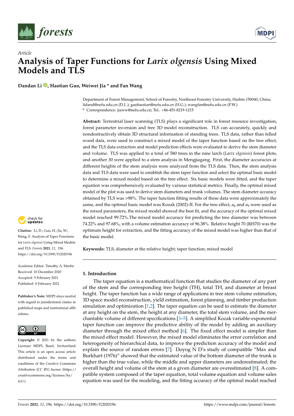 Analysis of Taper Functions for Larix Olgensis Using Mixed Models and TLS