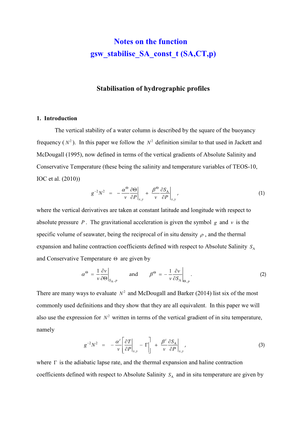 Notes on the Function Gsw Stabilise SA Const T (SA,CT,P)