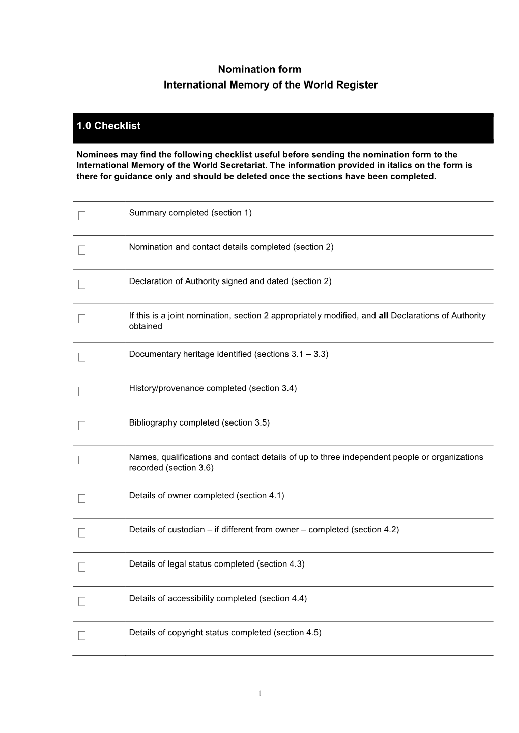 Nomination Form International Memory of the World Register