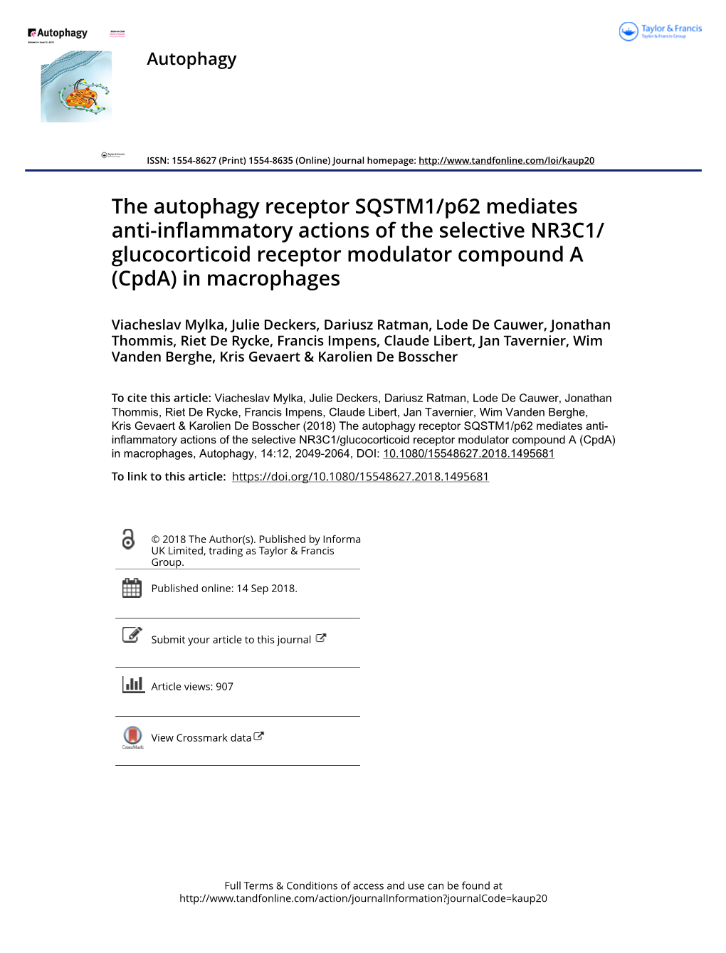 The Autophagy Receptor SQSTM1/P62 Mediates Anti-Inflammatory Actions of the Selective NR3C1/ Glucocorticoid Receptor Modulator Compound a (Cpda) in Macrophages