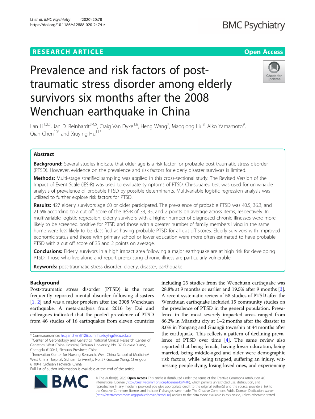 Prevalence and Risk Factors of Post-Traumatic Stress Disorder Among Elderly Survivors Six Months After the 2008 Wenchuan Earthqu